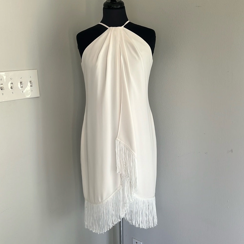Carmen Marc Valvo white fringe dress